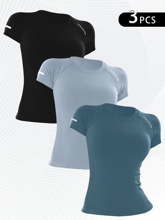 3pcs Women's Athletic T-Shirts - High Stretch, Breathable Nylon Short Sleeve Yoga & Fitness Tops with Letter Design in Black, Gray, and Teal