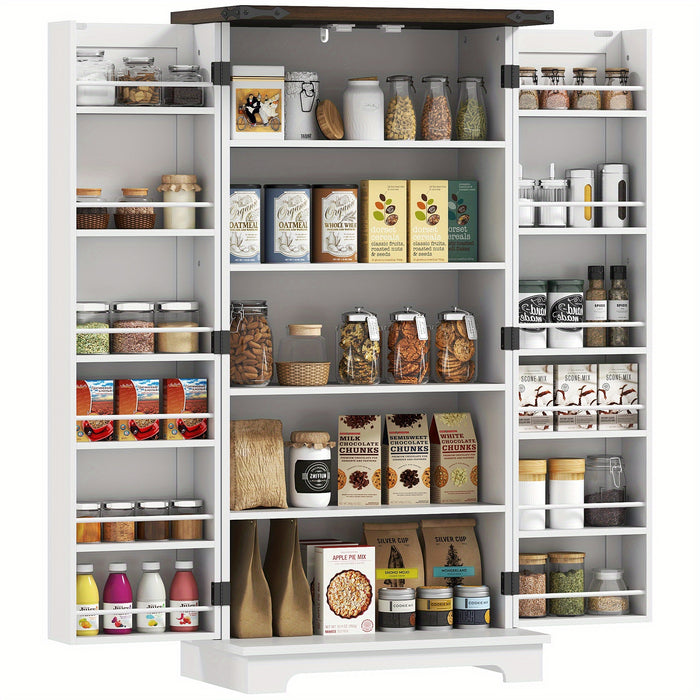 Modern White Kitchen Pantry Cabinet with Adjustable Shelves - Spacious Storage for Dishes, Utensils, and Food - Hardwood Construction, Multi-Compartment Design, Perfect for Organizing Kitchen Essentials, Kitchen Cabinets