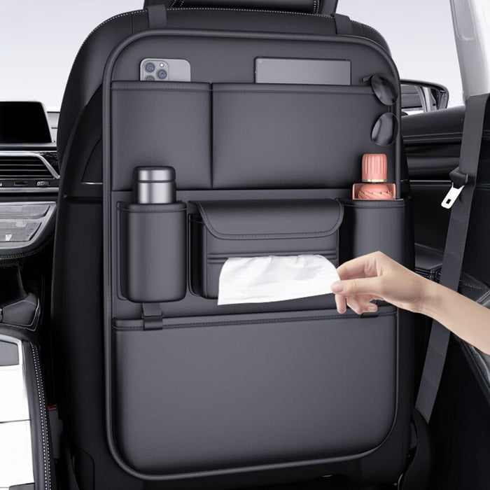 Premium PU Leather Car Backseat Organizer Large Capacity Multi-Functional Storage Bag with Dual Mesh Pockets