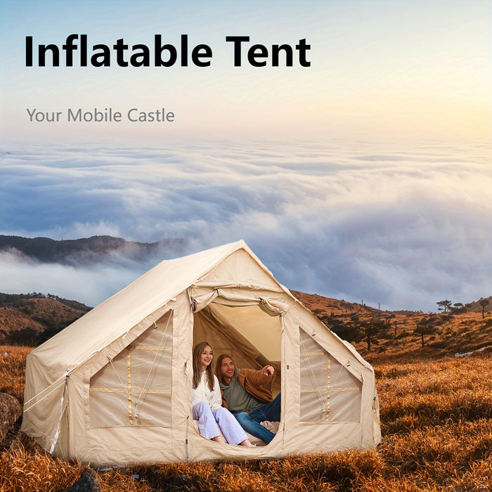 6-Person Inflatable Camping Tent - Easy Setup, All-Season Waterproof & Windproof Shelter, Portable Air Tent for Hiking, Fishing & Outdoor Adventures, Light Yellow Oxford Fabric, TPU Support Poles, Zipper Closure, Outdoor Camp