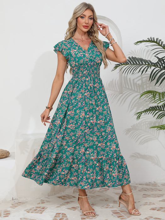 Floral Print Shirred Waist A-Line Dress with Ruffle Sleeves, Women's Summer Vacation Dress