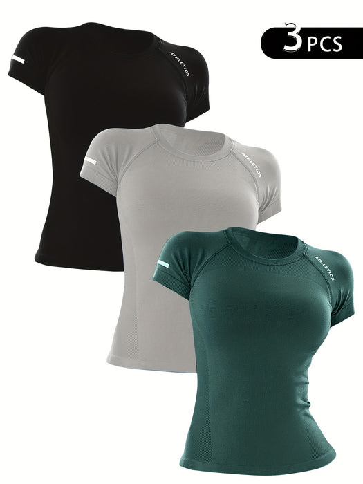 3pcs Women's Athletic T-Shirts - High Stretch, Breathable Nylon Short Sleeve Yoga & Fitness Tops with Letter Design in Black, Gray, and Teal