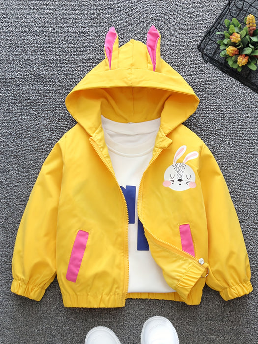 Girls' Spring/Autumn Hooded Coat With Lining, Cute Cartoon Rabbit And Flowers Pattern Clothing For Outdoor Activities