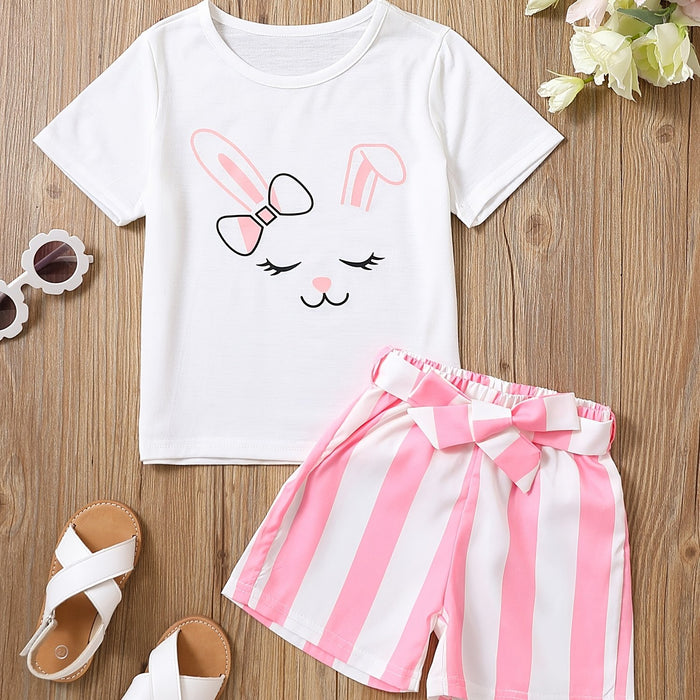 2pcs Toddler Girls Easter Cartoon Bunny Graphic T-Shirts Round Neck Short Sleeve Tees Top & Elastic Waist Belted Stripe Shorts Set Kids Summer Outdoor Clothes