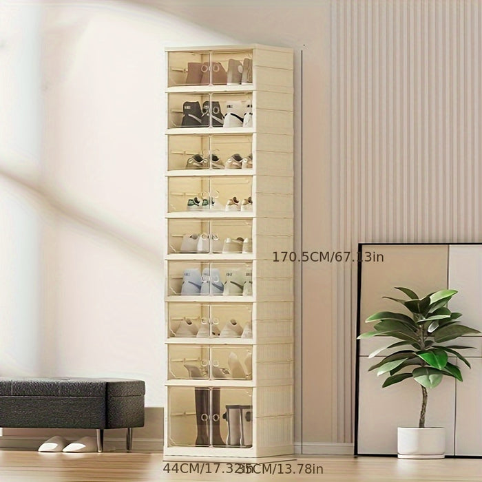 Portable Shoe Rack Organizer With Transparent Door, Foldable And Stackable Shoe Storage Cabinet