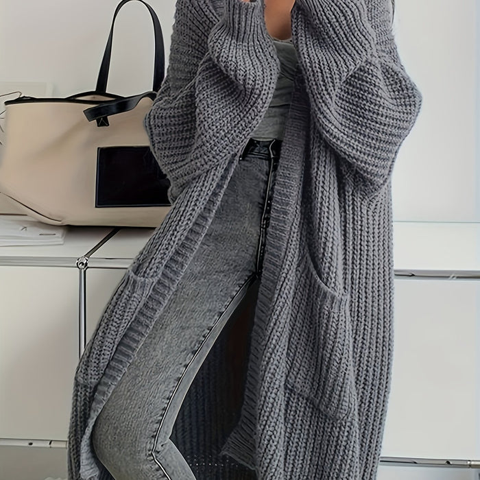 Women's Solid Color Open Front Knitted Cardigan, Long Sleeve, Spring/Fall Casual Wear