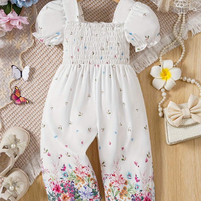Elegant Floral Print Romper for Youngsters - Casual Retro Style with Puff Sleeves, Polyester, Non-Stretch Fabric, Square Neckline, Spring/Summer Wear, Romper for Girls, for Outdoor
