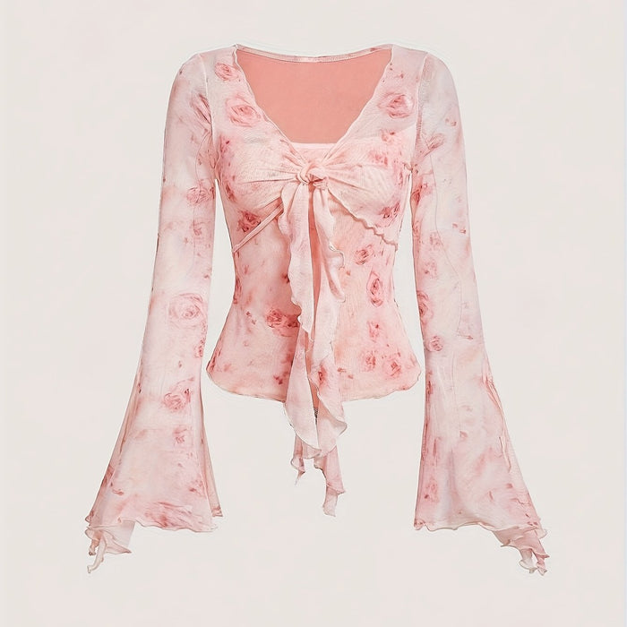 Stylish Floral Print Knot Front Slim Fit T-Shirt - Women's Elegant Flare Sleeve T-Shirts for Spring & Fall - Casual, Comfortable, and Versatile Clothing for Ladies