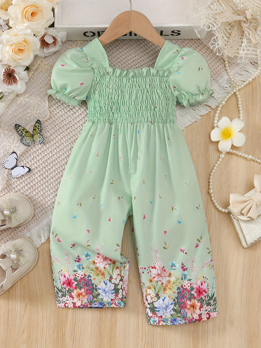 Elegant Floral Print Romper for Youngsters - Casual Retro Style with Puff Sleeves, Polyester, Non-Stretch Fabric, Square Neckline, Spring/Summer Wear, Romper for Girls, for Outdoor