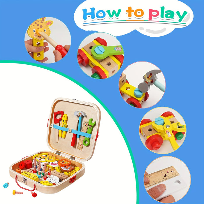 Kids' Wooden Animal Pattern Toolbox Toys With Hand Rope, Cute Cartoon Educational Toys For Boys Girls, Children's Building Block Assembly Toy, Birthday Gifts