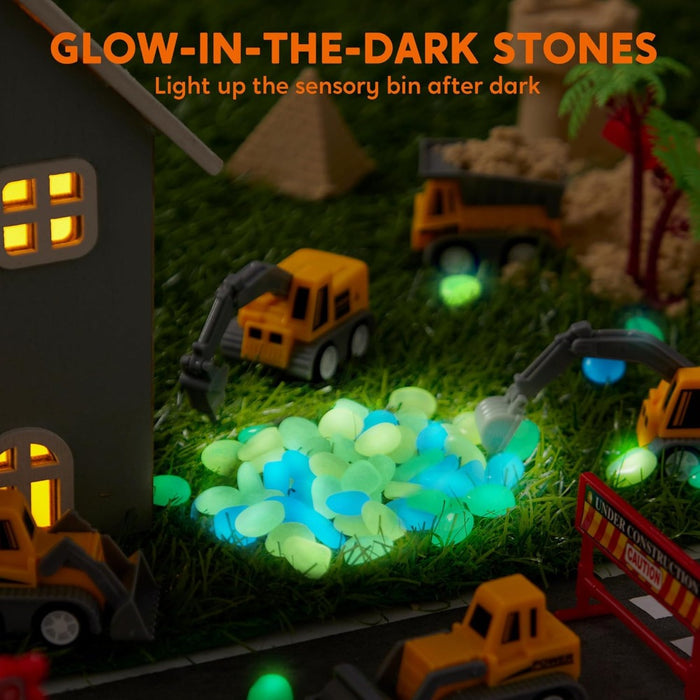 DIY Construction Sensory Bin for Toddlers with Glow in The Dark Stones, Sandbox with Lid Castle Building kit, Preschool Learning Activities Gifts for Boys Girls Age 3+
