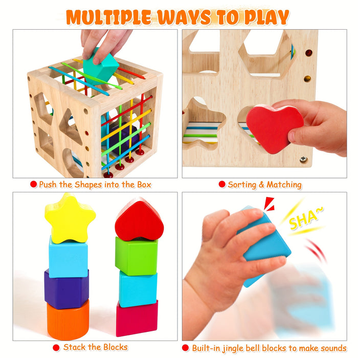sorter cube - Wooden Sorter Cube - 8 Rattling Shapes, Developmental Learning Toy -  Toddler Learning, Gift for Baby -  1 2 3 Year Old Boys Girls -  Educational & Fun - Unlock Tiny Genius, One Shape at a Time