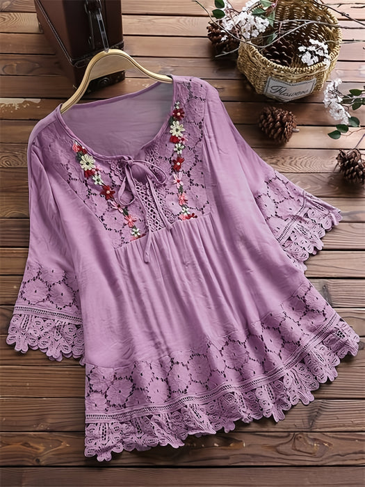 Plus Size Floral Applique Lace Blouse, Tie Neck Short Sleeve Women's Top