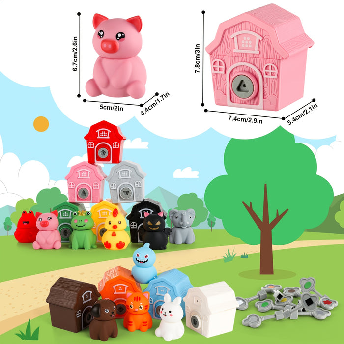 Animal Toys for Ages 3 and Up, 30pcs of Farm Animal Toys, 10 Farm Animals and 10 Barns, 10 Keys, Counting, Matching and Sorting Fine Motor Sensory Toys