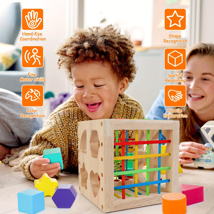 sorter cube - Wooden Sorter Cube - 8 Rattling Shapes, Developmental Learning Toy -  Toddler Learning, Gift for Baby -  1 2 3 Year Old Boys Girls -  Educational & Fun - Unlock Tiny Genius, One Shape at a Time