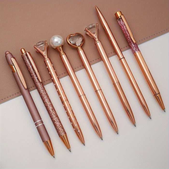 3/5/8pcs Rose Gold Ballpoint Pen Set Liquid Sand Glitter Metal Crystal Diamond shape Pen Girly Black Ink Pen Gifts for Wedding Office Desk Supplies