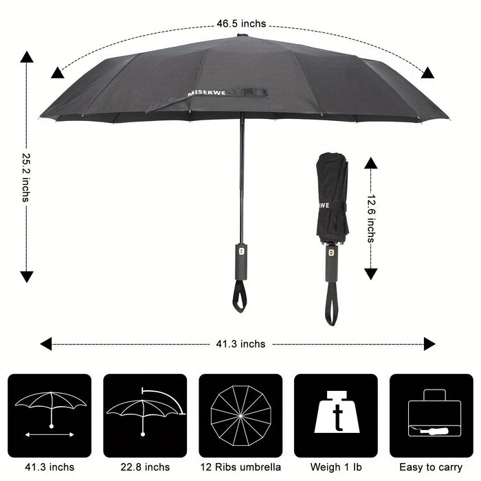 12-Bracket Windproof and Automatic Opening and Closing Button Teflon Coated Golf Umbrella with Extended Handle Travel Umbrella and High-end Umbrella Cover