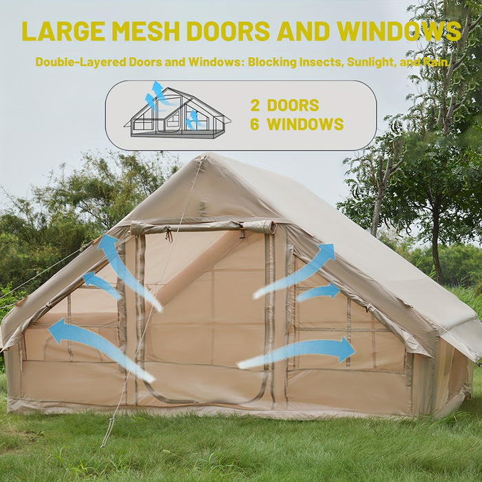 6-Person Inflatable Camping Tent - Easy Setup, All-Season Waterproof & Windproof Shelter, Portable Air Tent for Hiking, Fishing & Outdoor Adventures, Light Yellow Oxford Fabric, TPU Support Poles, Zipper Closure, Outdoor Camp
