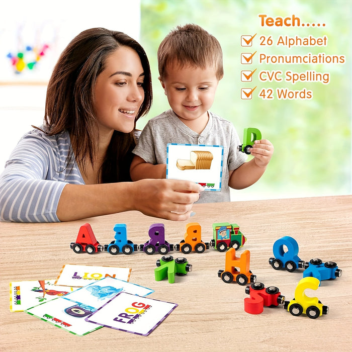 Vanmor 27 PCS Magnetic Wooden Alphabet Train Sets - ABC Letter Learning Toy Trains With 42 PCS Flash Cards, 1 Engine, 1 Storage Bag - Educational Toys for Toddlers Kids Boys Girls Ages 3-7 - Perfect Gift for Early Learning