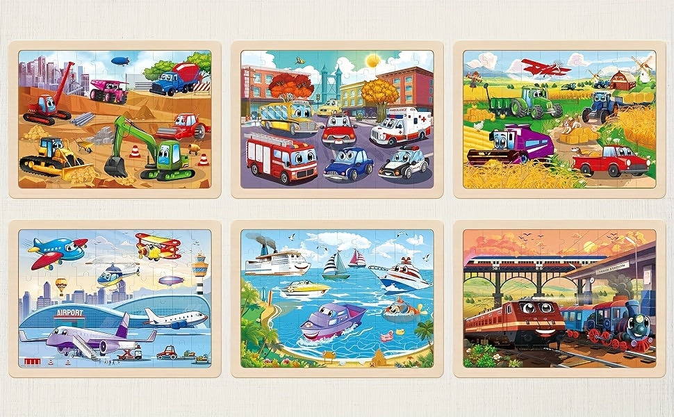 SYNARRY Wooden Car Puzzles For Children, 6 Packs Of 60 Pieces Puzzle Preschool Education Toy Gift For Boys And Girls
