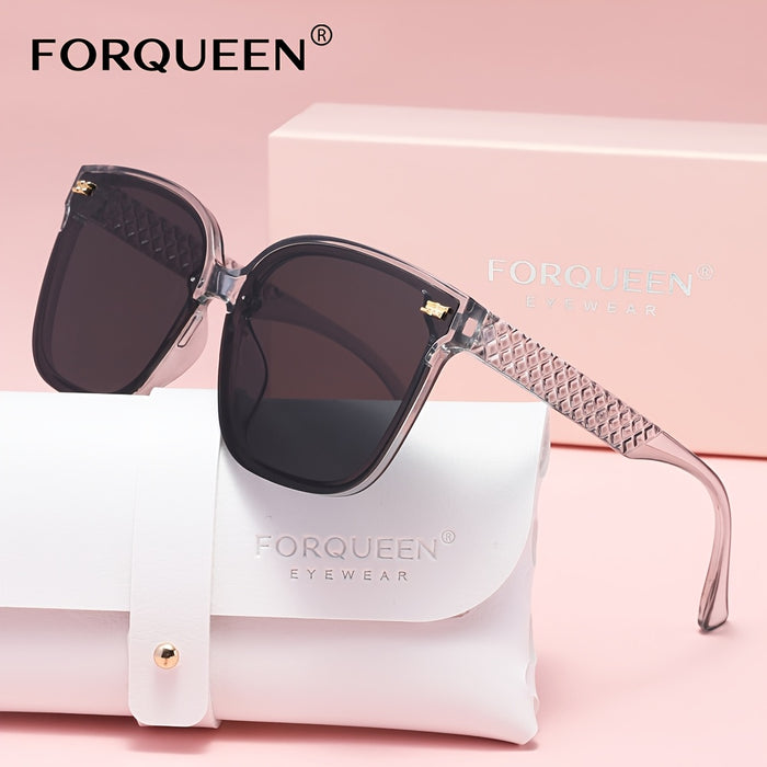 FORQUEEN Trendy Women's Polarized Fashion Glasses - Oversized Fashion Shades with Metal Hinges, Stylish Gradient Purple to Gray Design, Includes Protective Case for Summer Style