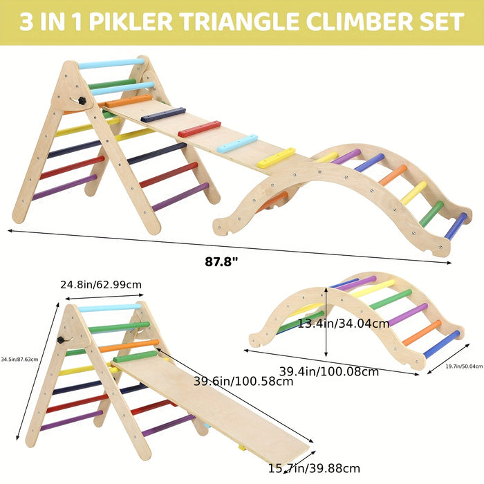 Pikler Triangle Set 7in 1, Foldable Climbing Toys for Toddlers, Play with Arch & Ramp & Ladder, Large Climbing Indoor Playground Set, Indoor Jungle Gym, Rainbow