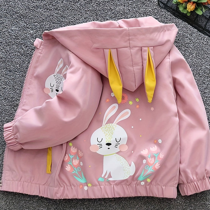 Girls' Spring/Autumn Hooded Coat With Lining, Cute Cartoon Rabbit And Flowers Pattern Clothing For Outdoor Activities