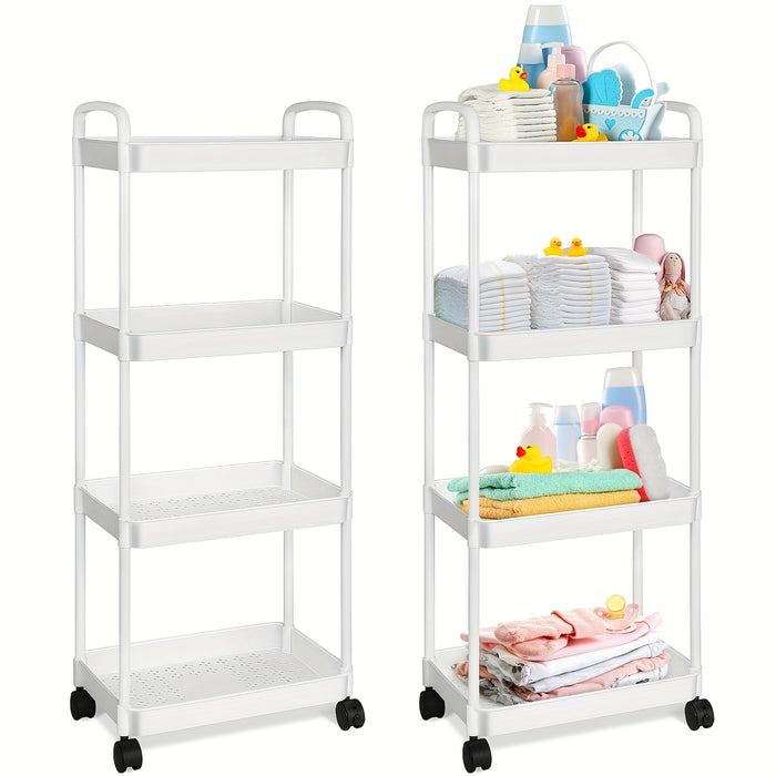 2-Tier Rolling Diaper Caddy Organizer Cart - White Plastic Storage with Wheels for Youngsters Essentials, Cleaning Supplies, and Household Items