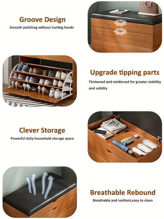 Pine Wood Shoe Bench with Cushioned Seat, Three-Tier Footwear Rack, and Storage Cabinet - Ideal for Bedroom or Entryway, Multi-Compartment Design, No Assembly Required, Shoes Organizer Storage