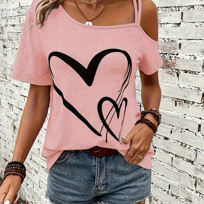 Heart Print Asymmetrical Backless Cold Shoulder T-Shirt for Women