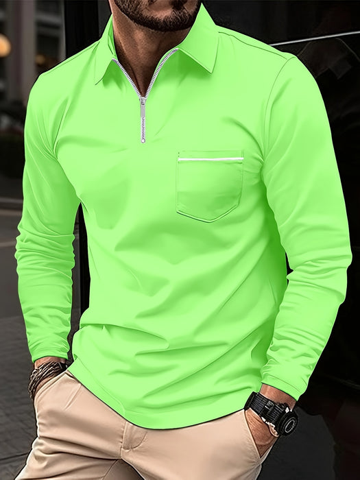 Men's Casual Long Sleeve Zipper Lapel Shirt with Chest Pocket, Spring/Fall Outdoor Wear