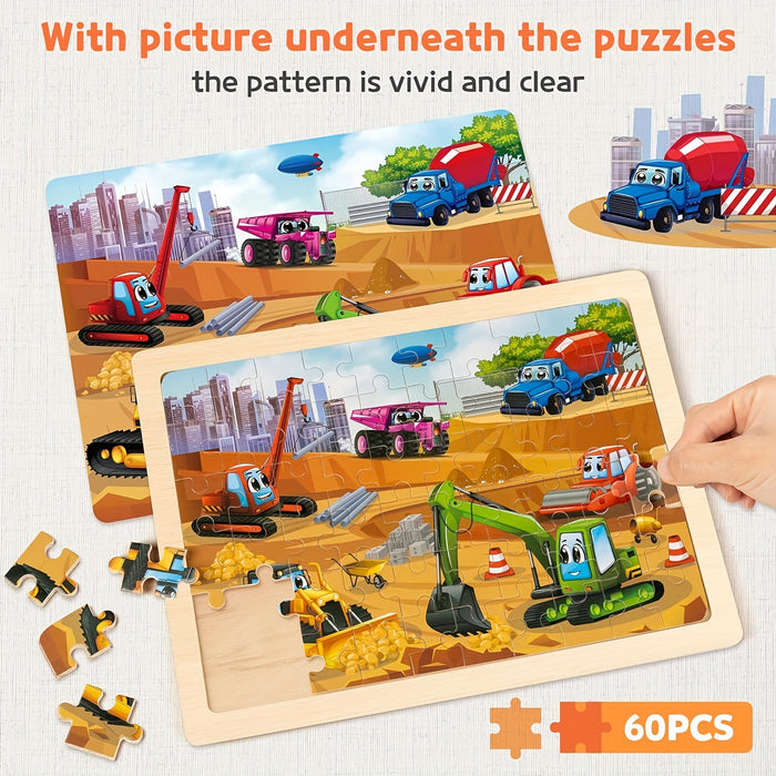 SYNARRY Wooden Car Puzzles For Children, 6 Packs Of 60 Pieces Puzzle Preschool Education Toy Gift For Boys And Girls
