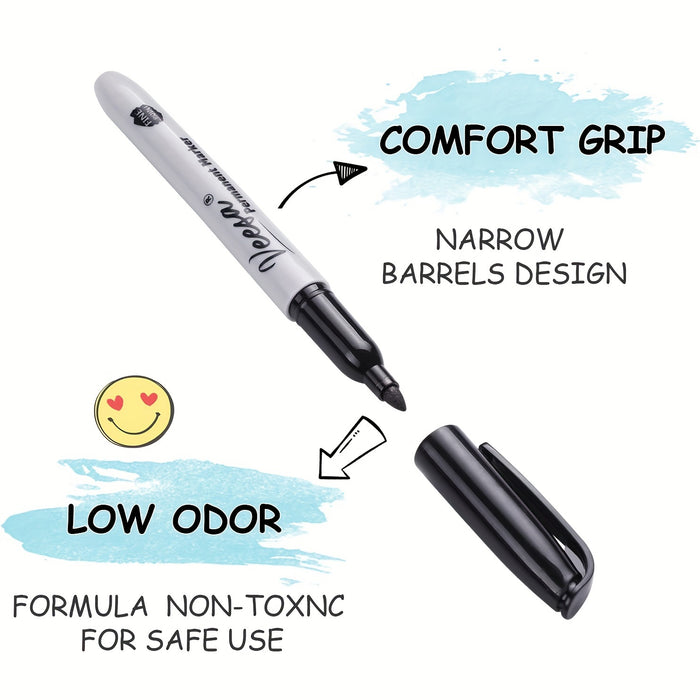 10pcs Black Permanent Markers Fine Tip, Waterproof, Smear Proof, Quick Drying for Office School Supplies