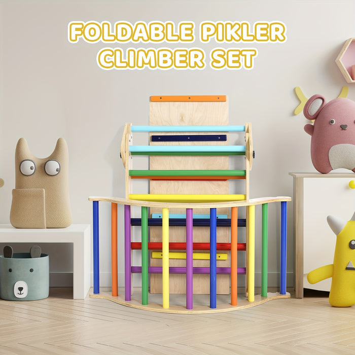 Pikler Triangle Set 7in 1, Foldable Climbing Toys for Toddlers, Play with Arch & Ramp & Ladder, Large Climbing Indoor Playground Set, Indoor Jungle Gym, Rainbow