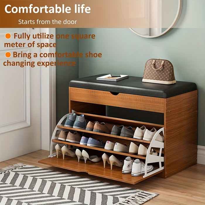Pine Wood Shoe Bench with Cushioned Seat, Three-Tier Footwear Rack, and Storage Cabinet - Ideal for Bedroom or Entryway, Multi-Compartment Design, No Assembly Required, Shoes Organizer Storage