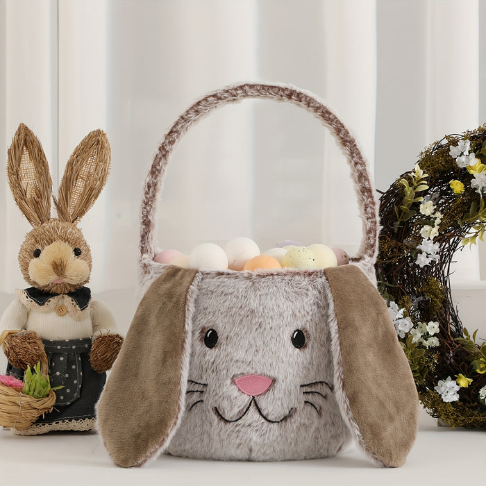 Customizable Easter Bunny Plush Basket with Embroidered Name - Soft Polyester Rabbit Ear Design Candy & Egg Hunt Basket, Perfect for Holiday Parties, Gifts, and Decorations (Blue, Pink, Beige)