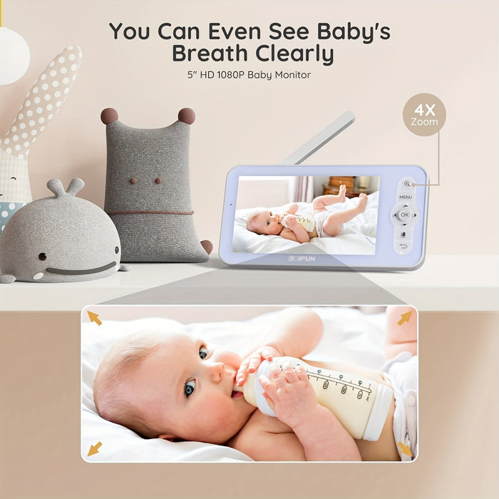 BOIFUN 720P WiFi Youngsters Monitor Camera with App Control, 5" Screen, Motion & Crying Detection, PTZ, Night Vision, Alarm Area, Temperature & Humidity Sensor, Two-Way Talk, ECO Mode, Rechargeable Battery, Smartphone App Com