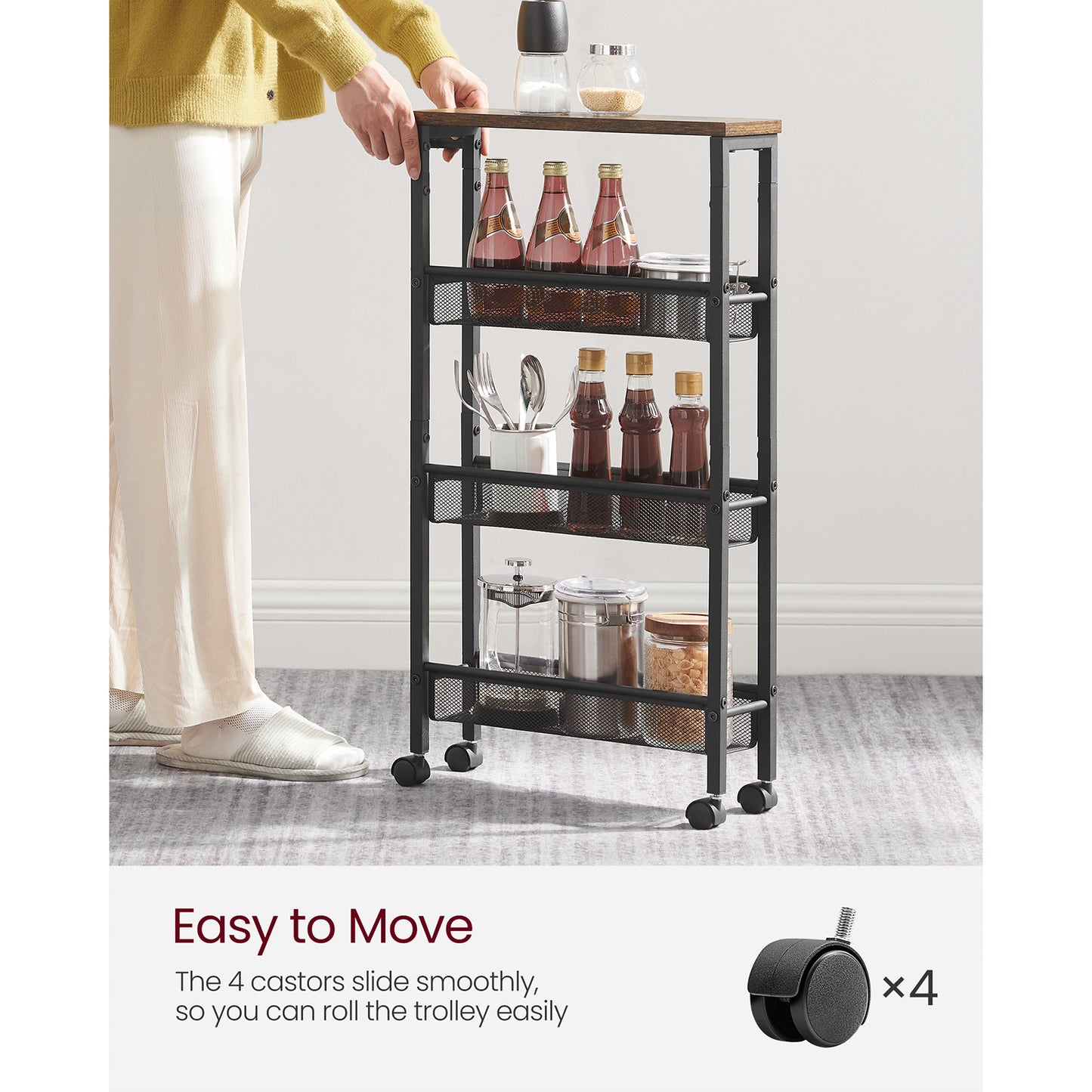 VASAGLE 4-Tier Steel Rolling Storage Cart with Hardwood Top, Rustic Brown & Black, Slim 5.1" Deep Organizer, with Wood-Based Panel & Metal Frame, for Kitchen, Dining, Living Room, Home Office
