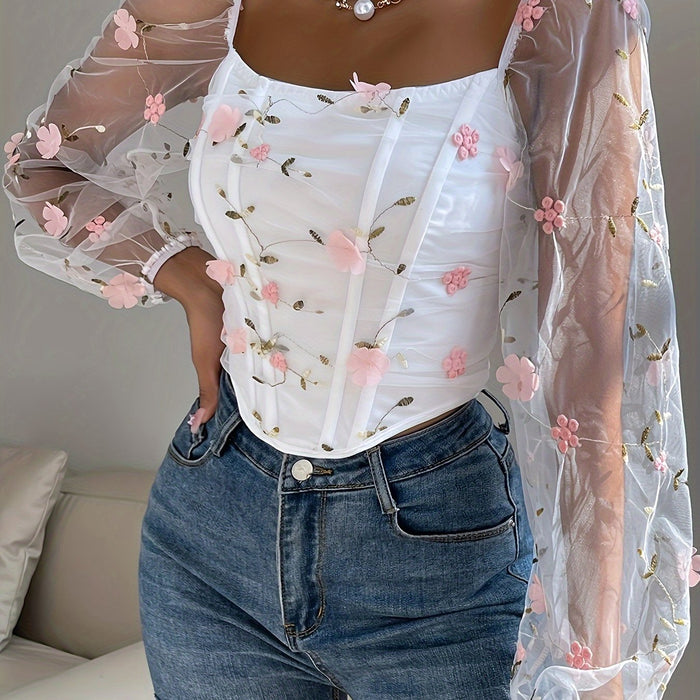 Off-the-Shoulder Contrast Mesh Floral Embroidered Sheer Bodice with Boning Details, Polyester Blend Raglan Long Sleeve Top with Medium Stretch - Elegant all-season Pullover