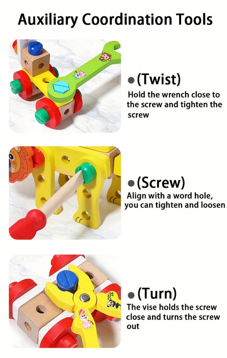 Kids' Wooden Animal Pattern Toolbox Toys With Hand Rope, Cute Cartoon Educational Toys For Boys Girls, Children's Building Block Assembly Toy, Birthday Gifts