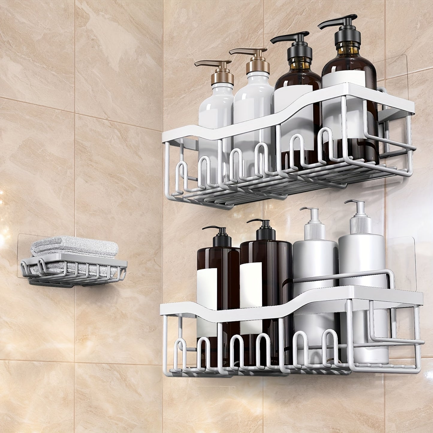 Adhesive Shower Caddy, 5 Pack Rustproof Stainless Steel Bath Organizers With Large Capacity, No Drilling Shelves For Bathroom Storage & Home Decor