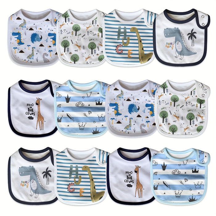 12pcs Set Of Cartoon-printed, Adjustable Snap-on Waterproof Feeding Bibs for Boys And Girls, Suitable for Spring, Summer, Autumn, And Winter.