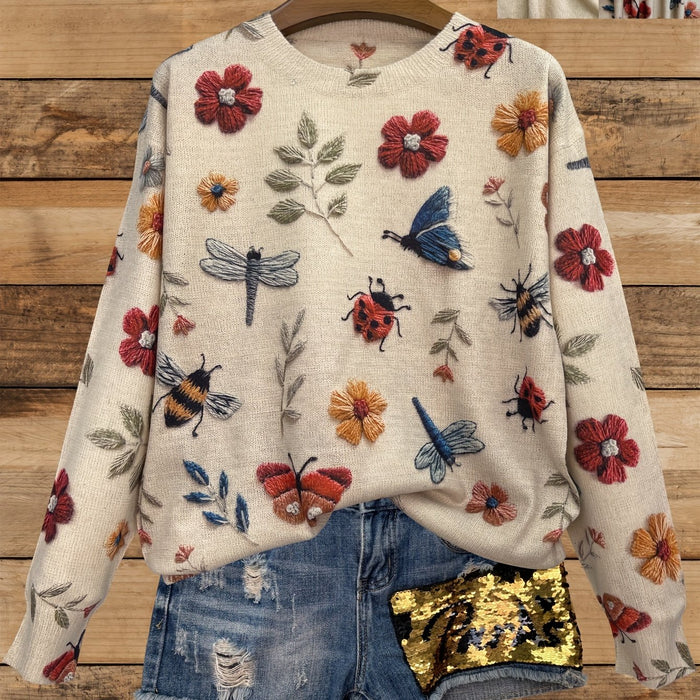 Lightweight Women'S Sweater with a Round Neck And Long Sleeves, Featuring an All-Over Printed 3D Insect Design, Stylish And Casual.