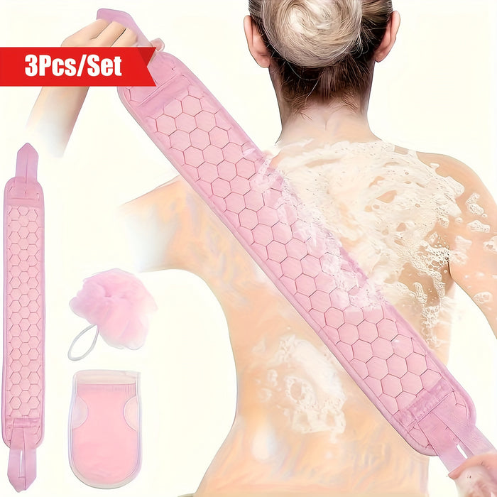 Deep Clean & Skin Renewal 3pcs Exfoliating Bath Set - Shower Scrubber, Back Brush & Mud Gloves