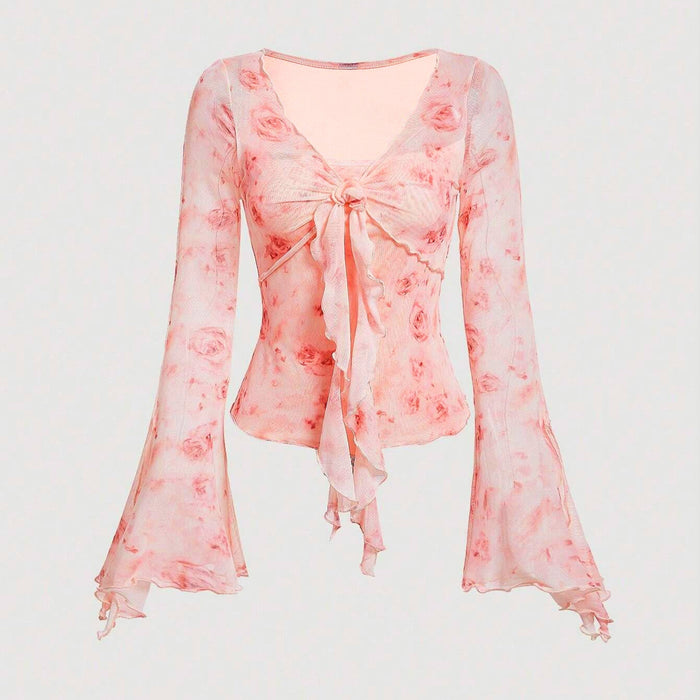 Floral Print Tie Front T-Shirt, Chic Long Sleeve T-Shirt For Spring & Fall, Women's Clothing