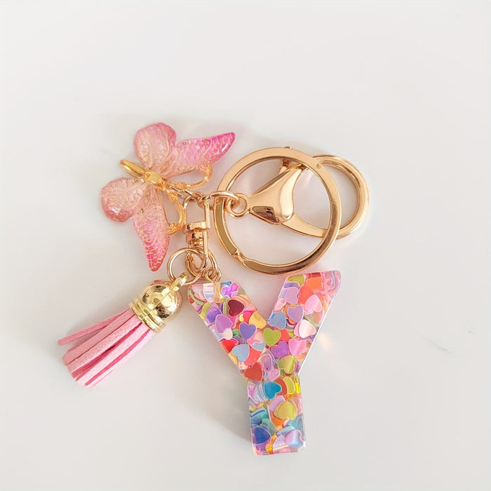 1pc Creative English Letter Pendant Keychain For Girls, Pink Sequin Drop Glue Butterfly Key Chain For Girls, Bag Car Key Ornament Christmas Gift