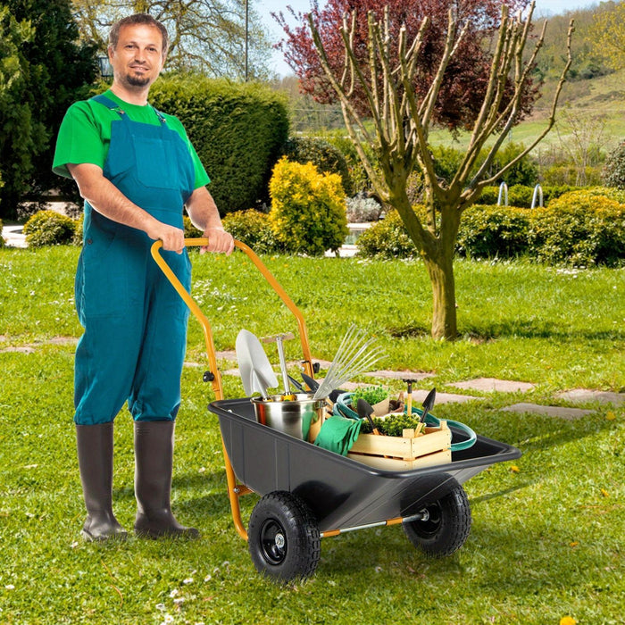 COSTWAY Dual-Wheel Wheelbarrow, Heavy-Duty Garden Utility Cart w/ Pneumatic Tires, 330 LBS Load Capacity, 21 Gal Volume, Foldable Handle, Yard Lawn Dump Cart for Moving Soil Gardening Tool Mulch Gravel.