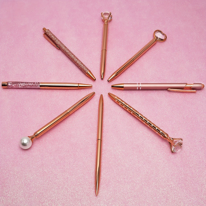 3/5/8pcs Rose Gold Ballpoint Pen Set Liquid Sand Glitter Metal Crystal Diamond shape Pen Girly Black Ink Pen Gifts for Wedding Office Desk Supplies
