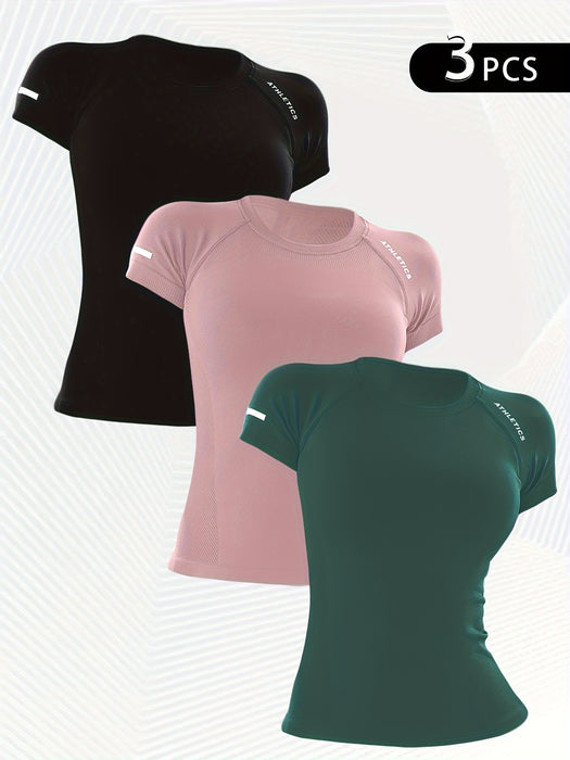 3pcs Women's Athletic T-Shirts - High Stretch, Breathable Nylon Short Sleeve Yoga & Fitness Tops with Letter Design in Black, Gray, and Teal