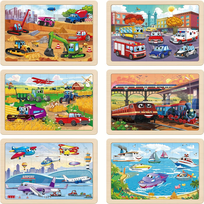SYNARRY Wooden Car Puzzles For Children, 6 Packs Of 60 Pieces Puzzle Preschool Education Toy Gift For Boys And Girls